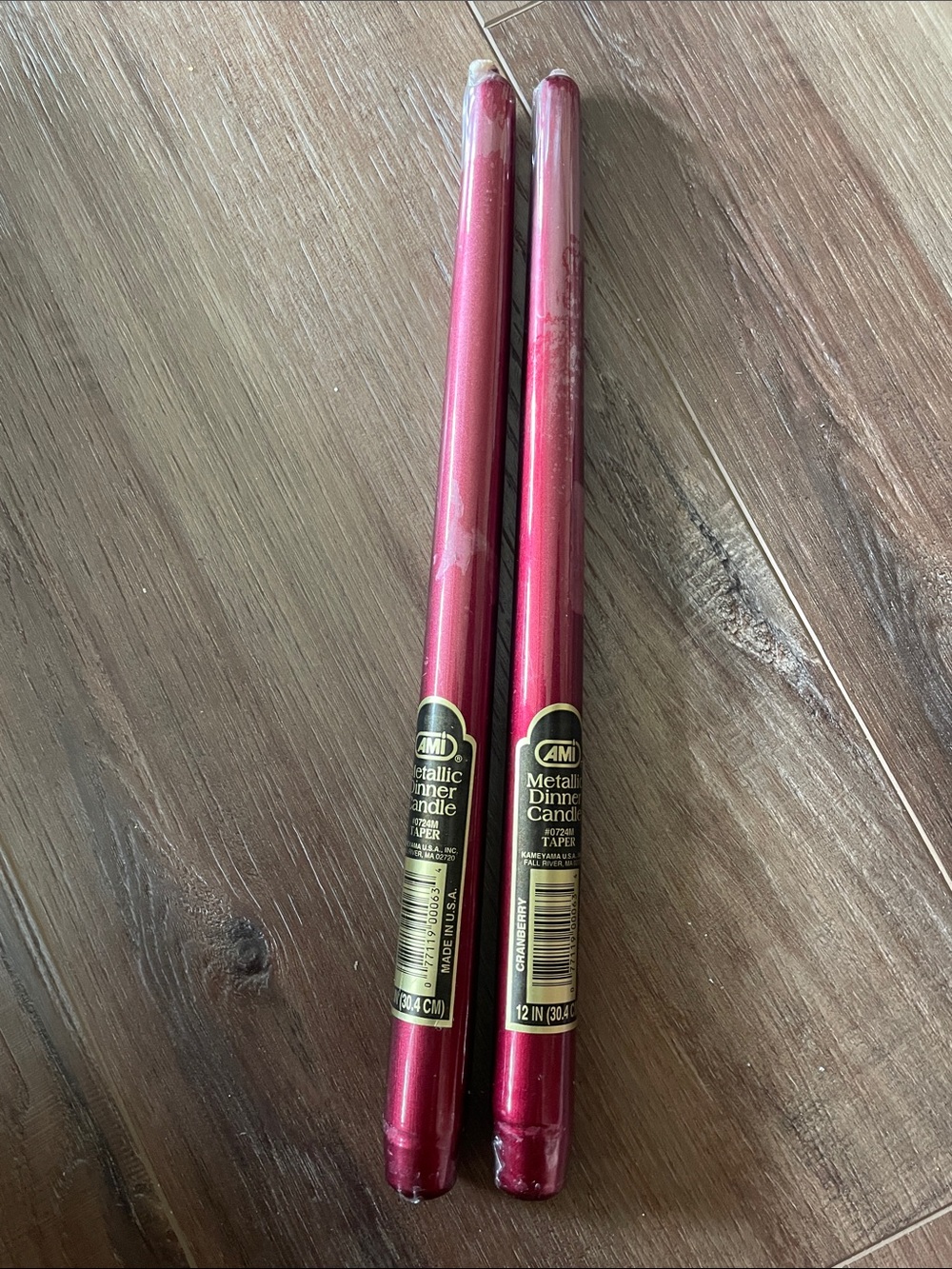 VTG AMI Metallic Dinner Candle Set of 2 Cranberry 12" Made in USA